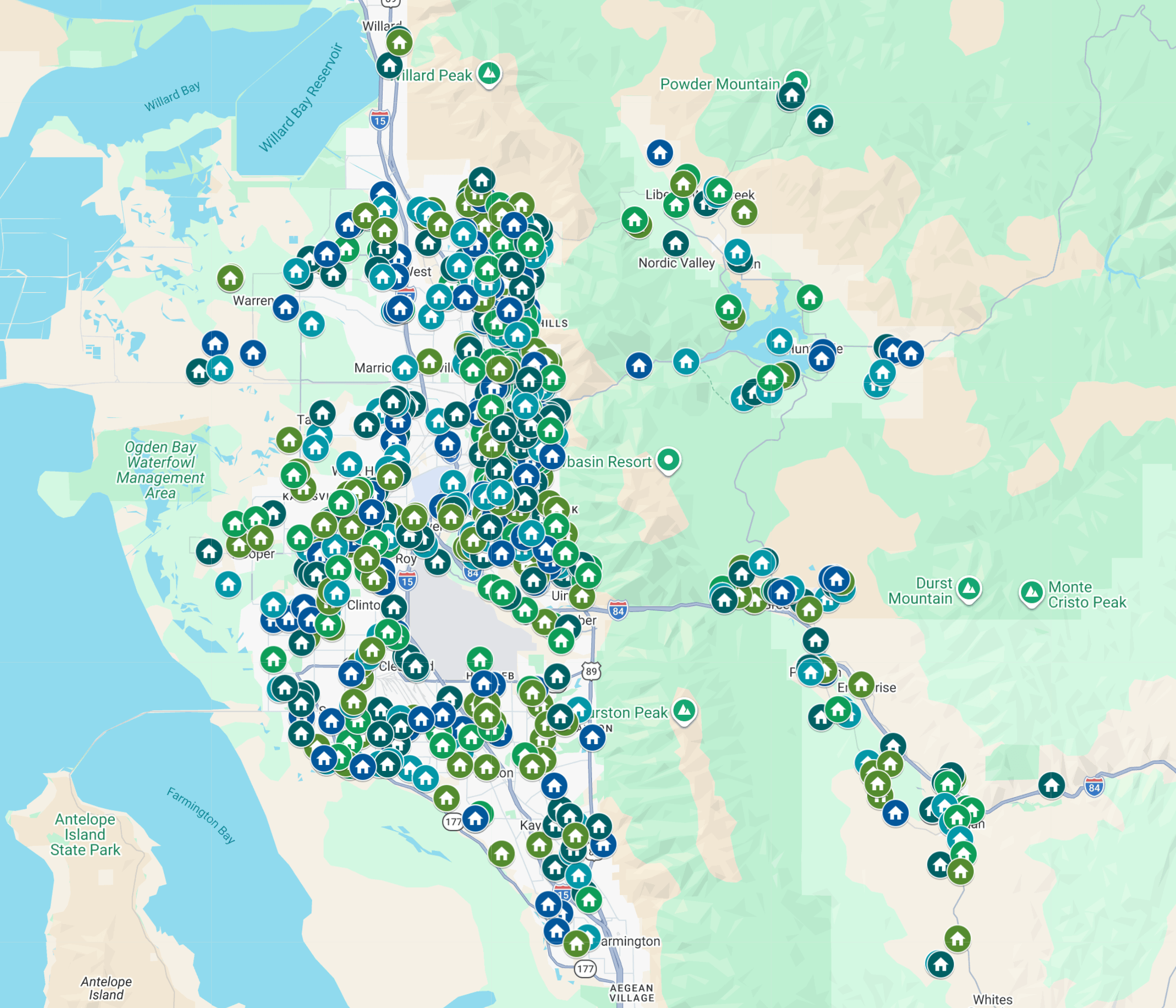 Map of homes and businesses Wasatch Maids has cleaned across the Wasatch Front and Ogden Valley.